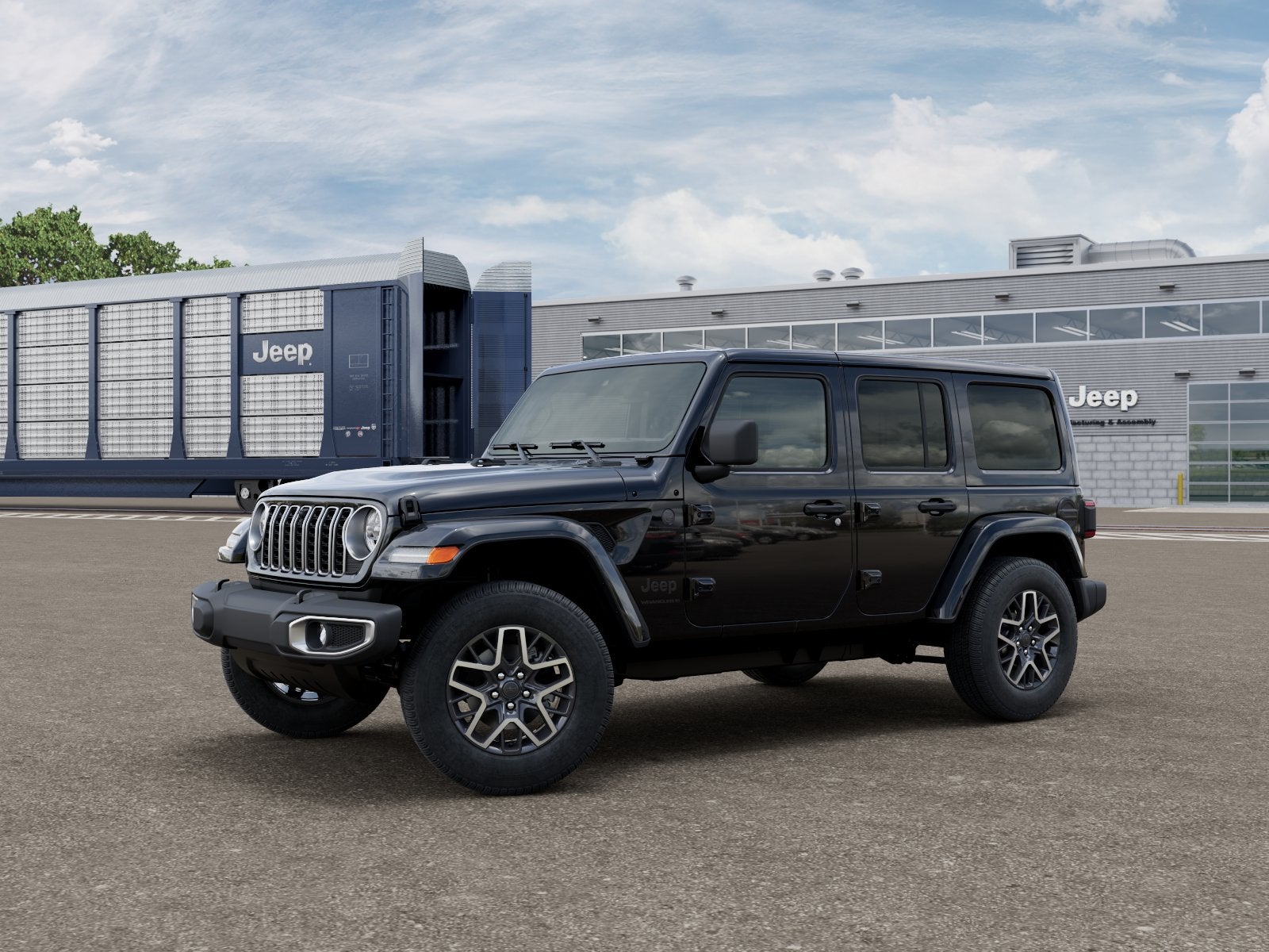 2026 Jeep Wrangler WRANGLER 4-DOOR SAHARA in Black Clear-Coat Exterior Paint — front three-quarter view