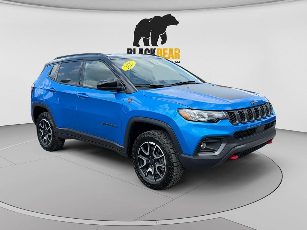 2025 Jeep Compass Trailhawk 4x4 in Hydro Blue Pearlcoat — front three-quarter view