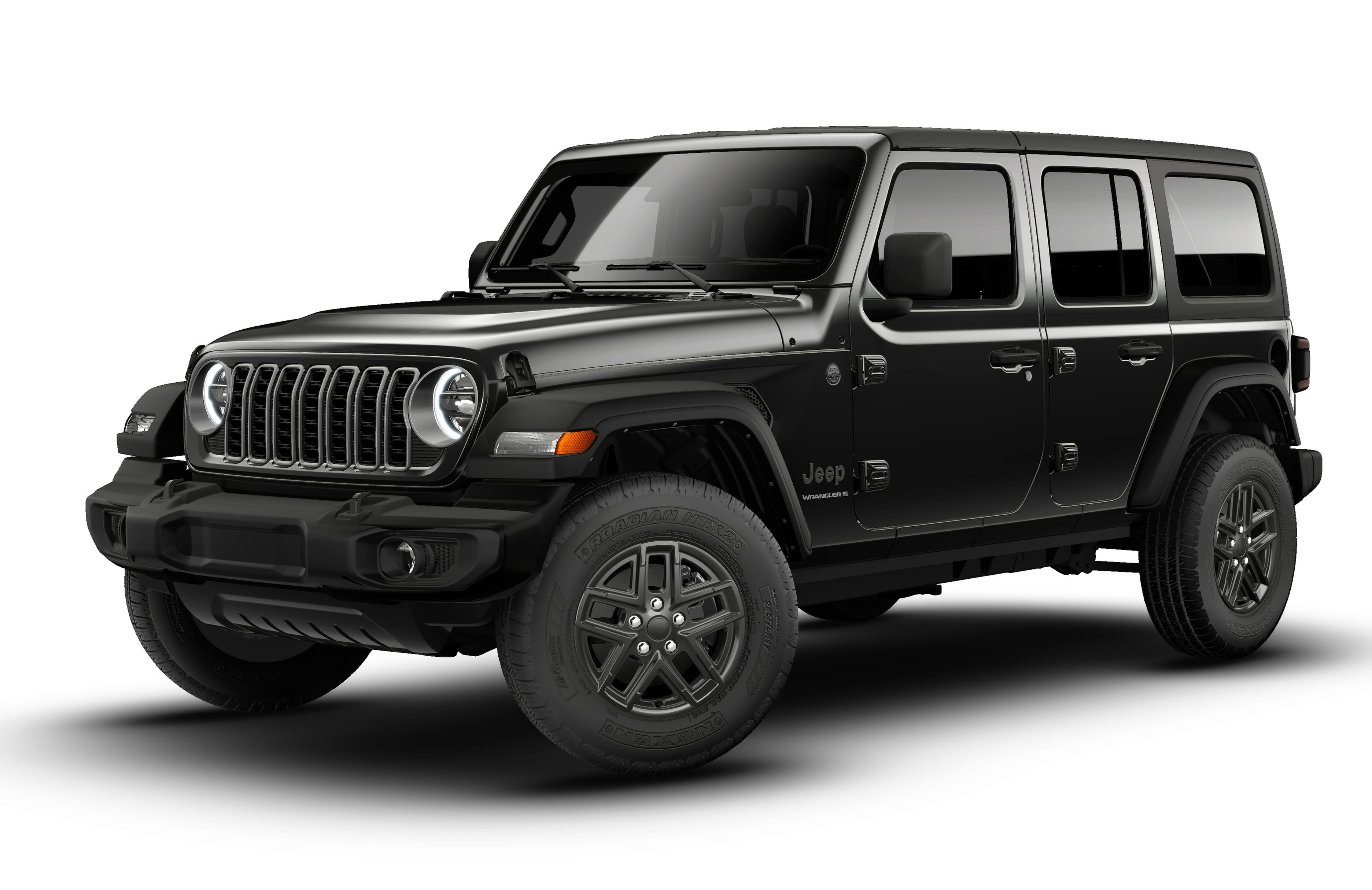 2026 Jeep Wrangler WRANGLER 4-DOOR SPORT S in Black Clear-Coat Exterior Paint — front three-quarter view